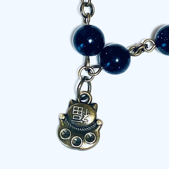 Dark Blue Goldstone Bronze Link Adjustable Short Necklace w/ Fortune Cat Charm - Picture 5 of 15